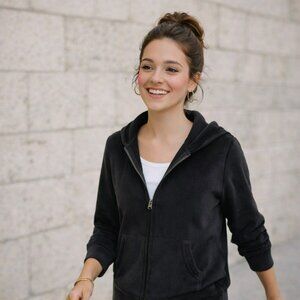 Abercrombie Kids Velour Hoodie Jacket Zip-Up Youth 15/16 Black Velour